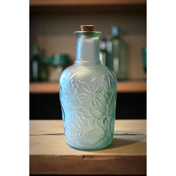 Old Candian Frosted Green Glass Bottle With Floral Relief Design & Cork Stopper - Picture 1 of 5